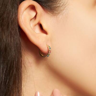 Zikzak Tasarımlı Renkli Taş Dizili Altın Halka Küpe - 2