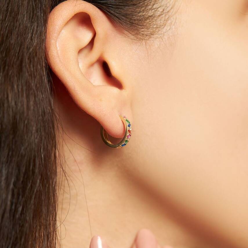 Zikzak Tasarımlı Renkli Taş Dizili Altın Halka Küpe - Semih Haşhaş Kuyumculuk (1)