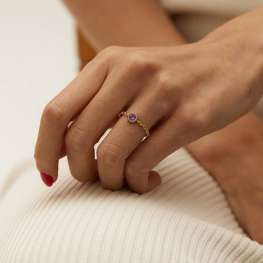 Zincir Detaylı Mor Taşlı Altın Yüzük - Semih Haşhaş Kuyumculuk